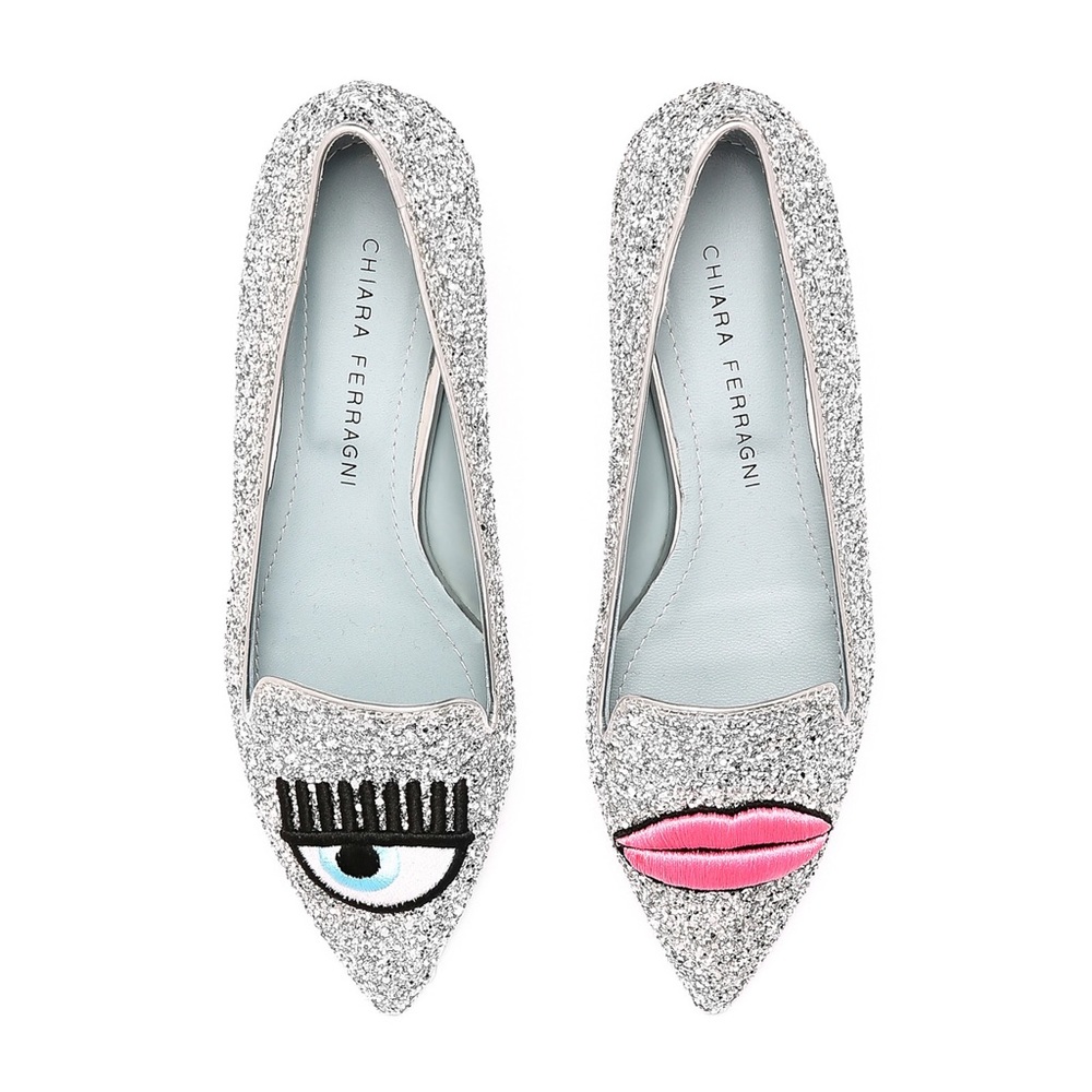 😉💋 Logomania Pointy Toe Glitter Loafers - Silver